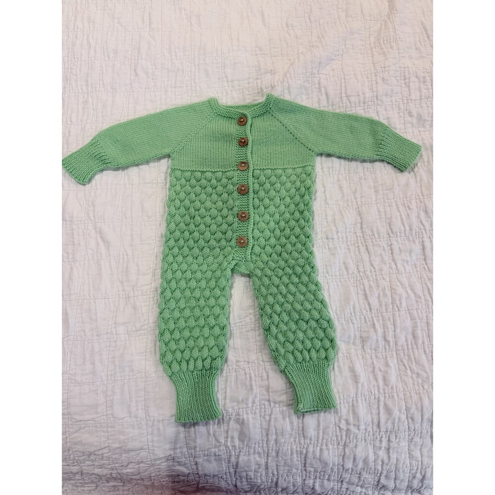 Handmade Knit Baby Romper Mint Green Wood Button Long Sleeve Jumpsuit